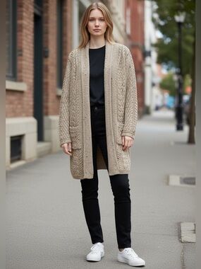 NEW, Aran Mór, 100% Merino Wool Cardigan Ireland Cable Knit Long, Beige, Size S